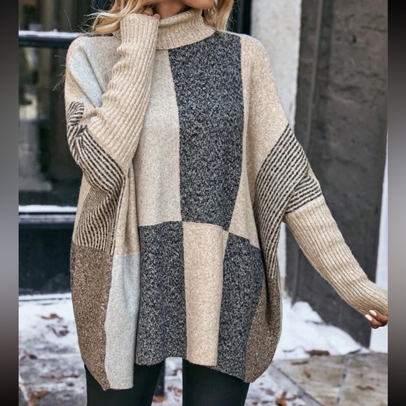 Sweaters - Cozy Color Block Turtleneck Batwing Sleeve Sweater Top
